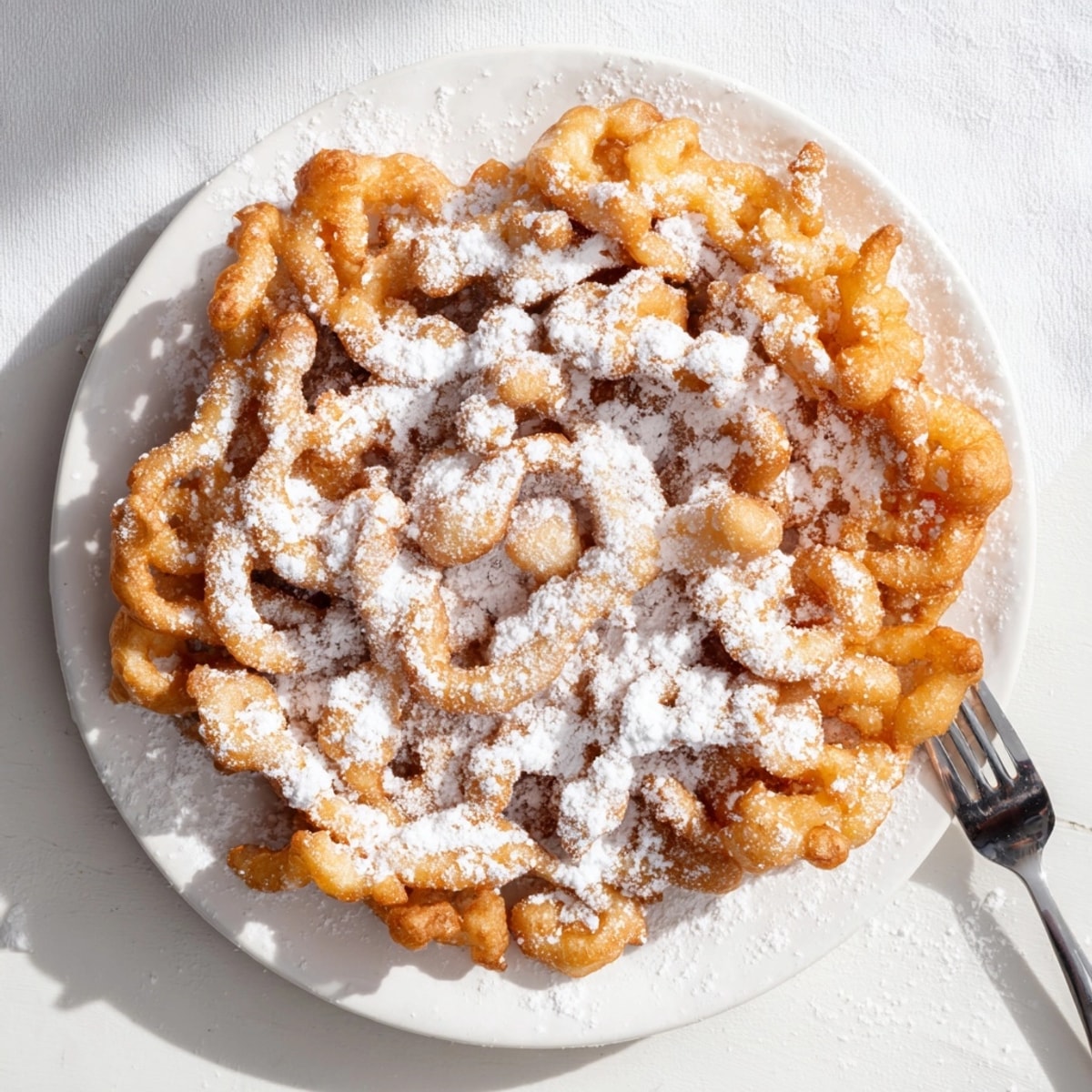 Golden Fair-Style Funnel Cake, drizzled and crisp, dusted generously with powdery sweetness.
