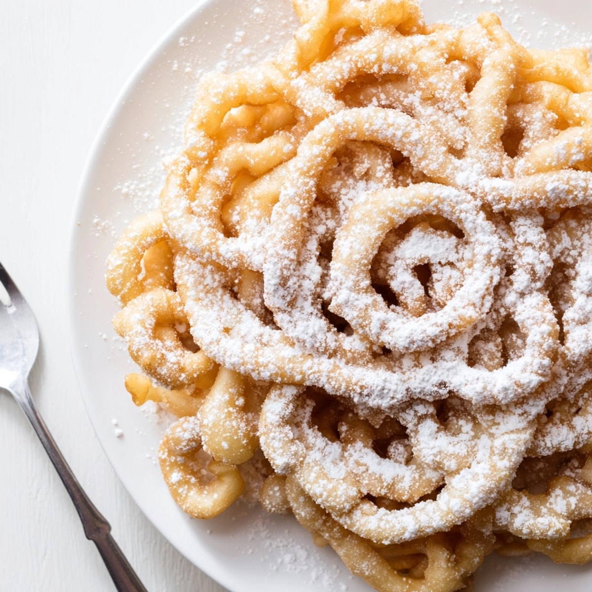 Freshly-fried Fair-Style Funnel Cake, a delightful swirl of batter ready for powdered sugar.
