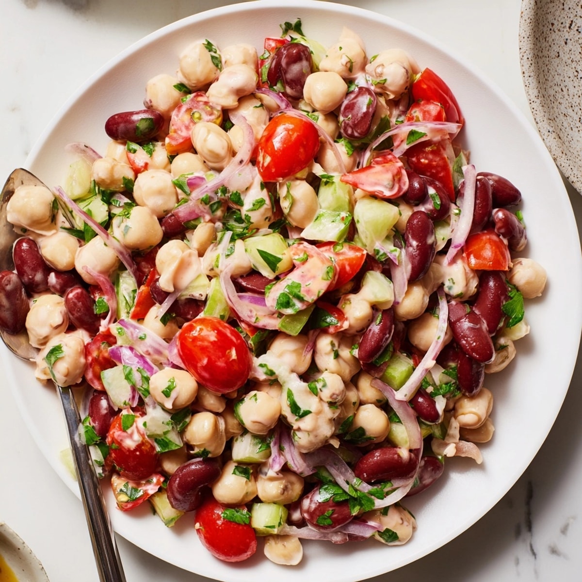 Close-up of Creamy Bean Salad, vibrant colors, creamy dressing glistening, ready to serve.