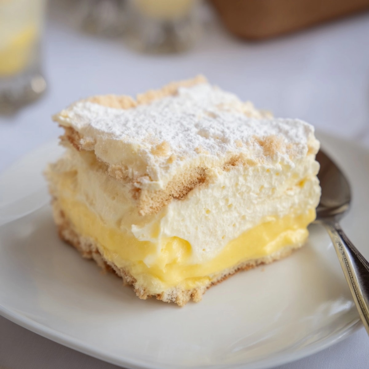 Golden Natas do Céu dessert: layered creamy custard, crushed biscuits, and a cool finish.