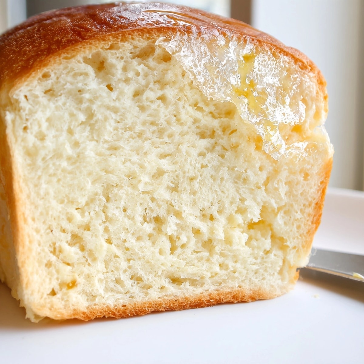 Golden brown Homemade Buttery White Bread loaf, glistening with melted butter, cooling on a rack.