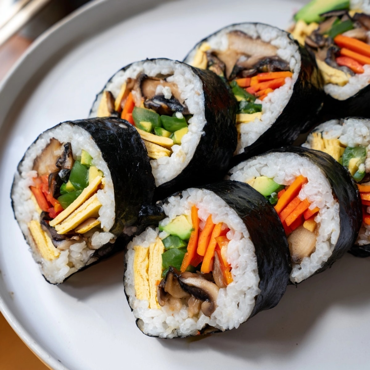 Close-up of a sliced Futomaki Sushi Roll, showcasing layers of tasty ingredients.