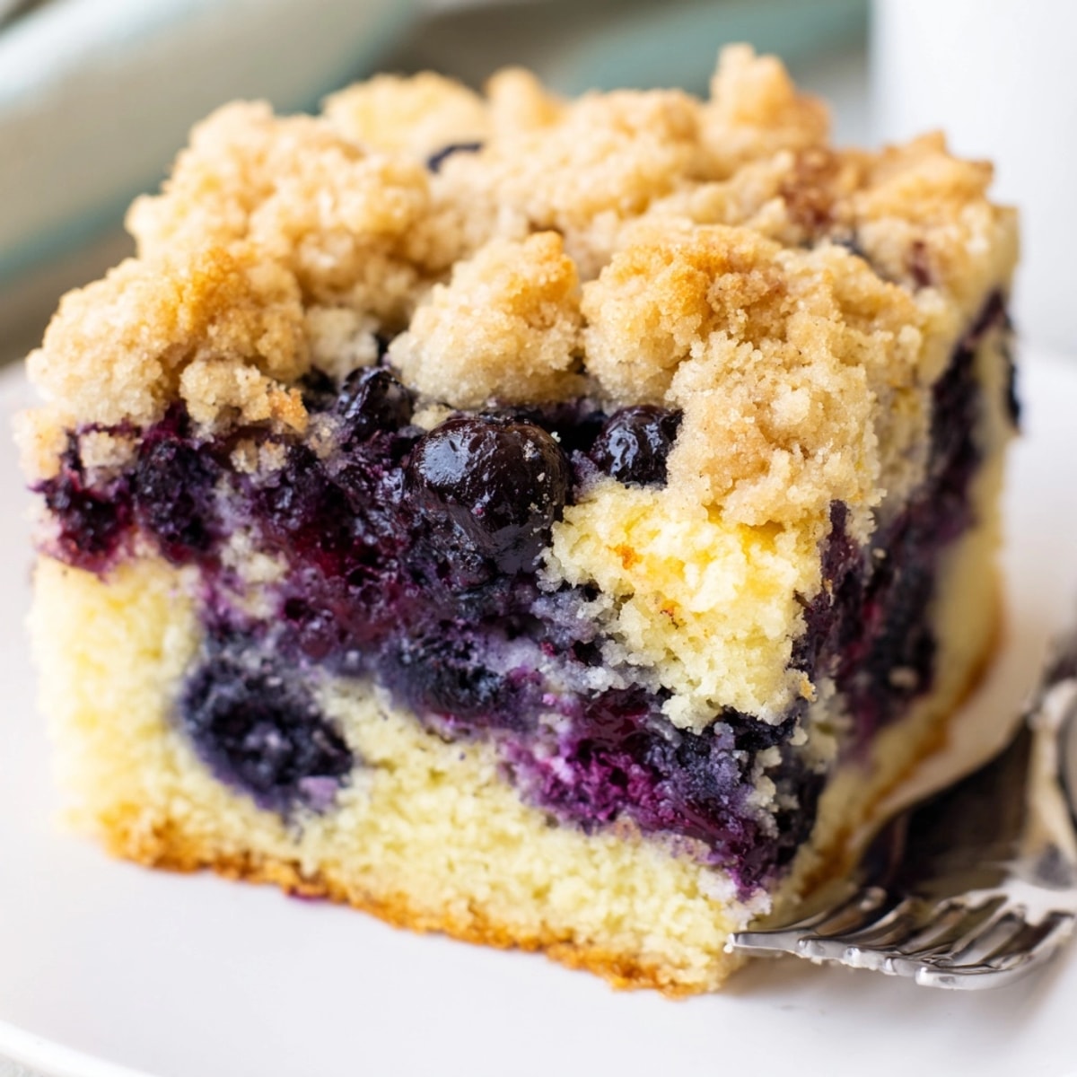 A slice of tender Blueberry Buckle with juicy berries, a perfect homemade dessert.