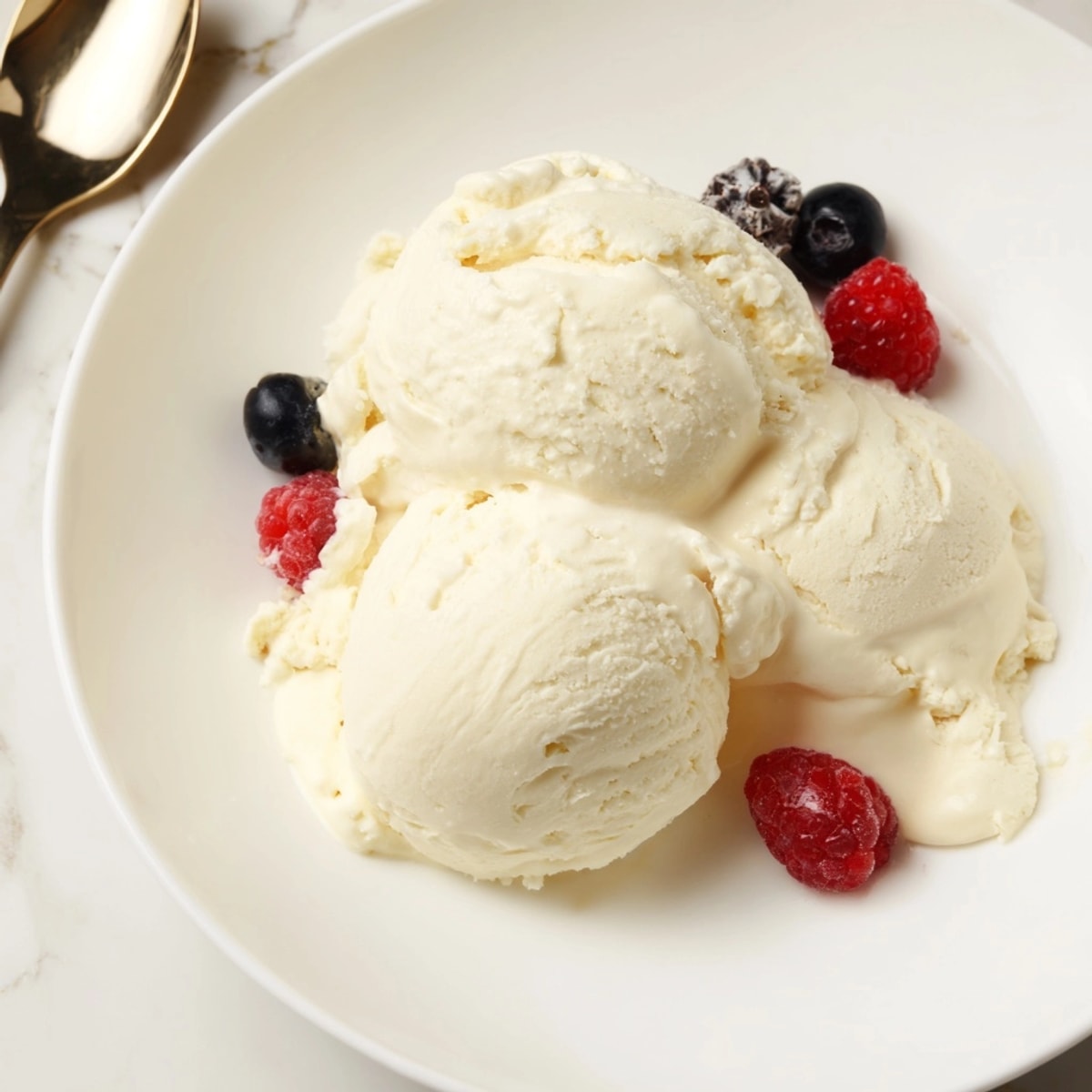 Creamy homemade Cottage Cheese Ice Cream swirled with fresh berries, ready to be scooped.