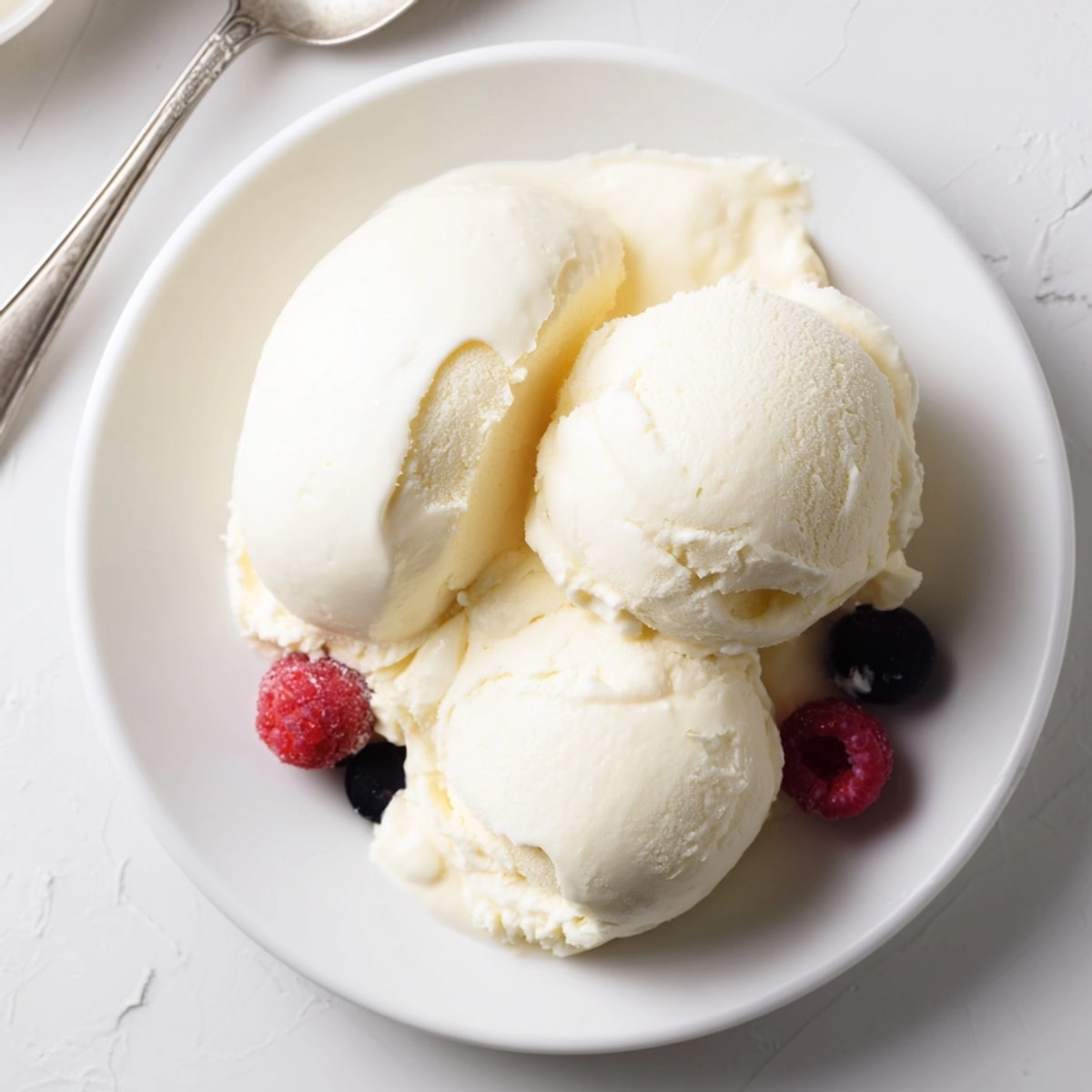 Scoops of tangy and sweet Cottage Cheese Ice Cream in a freezer-safe container.
