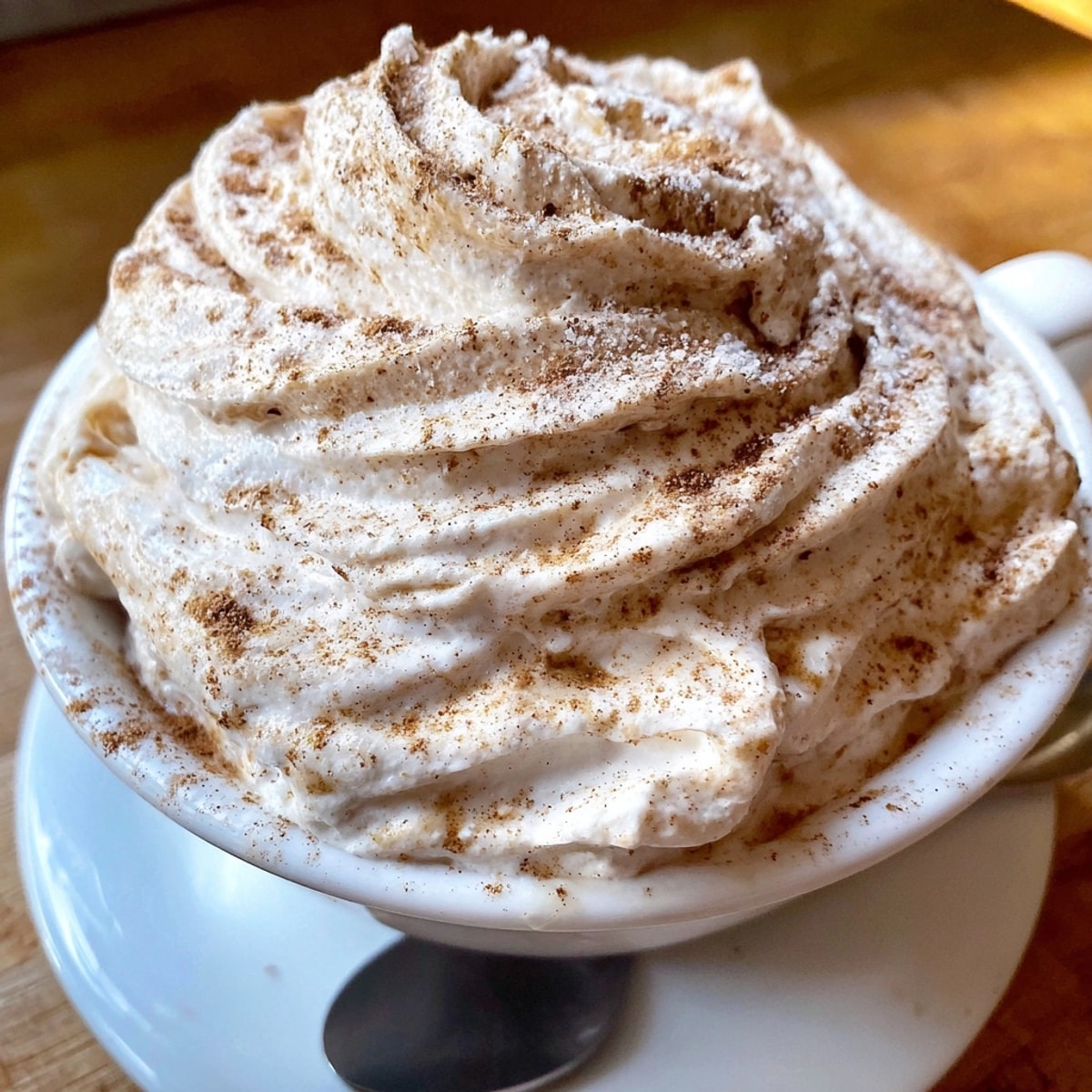 Fluffy Cinnamon Roll Cream Hack in bowl; golden-brown spice, dairy richness, decadently delightful.