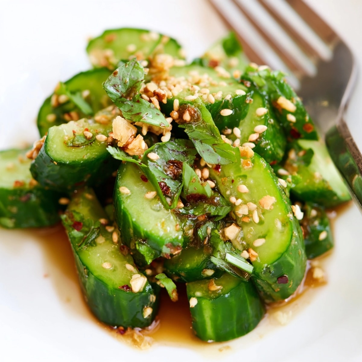 Bright and tangy Smashed Cucumber Salad seasoned with sesame, garlic, and a chili kick.