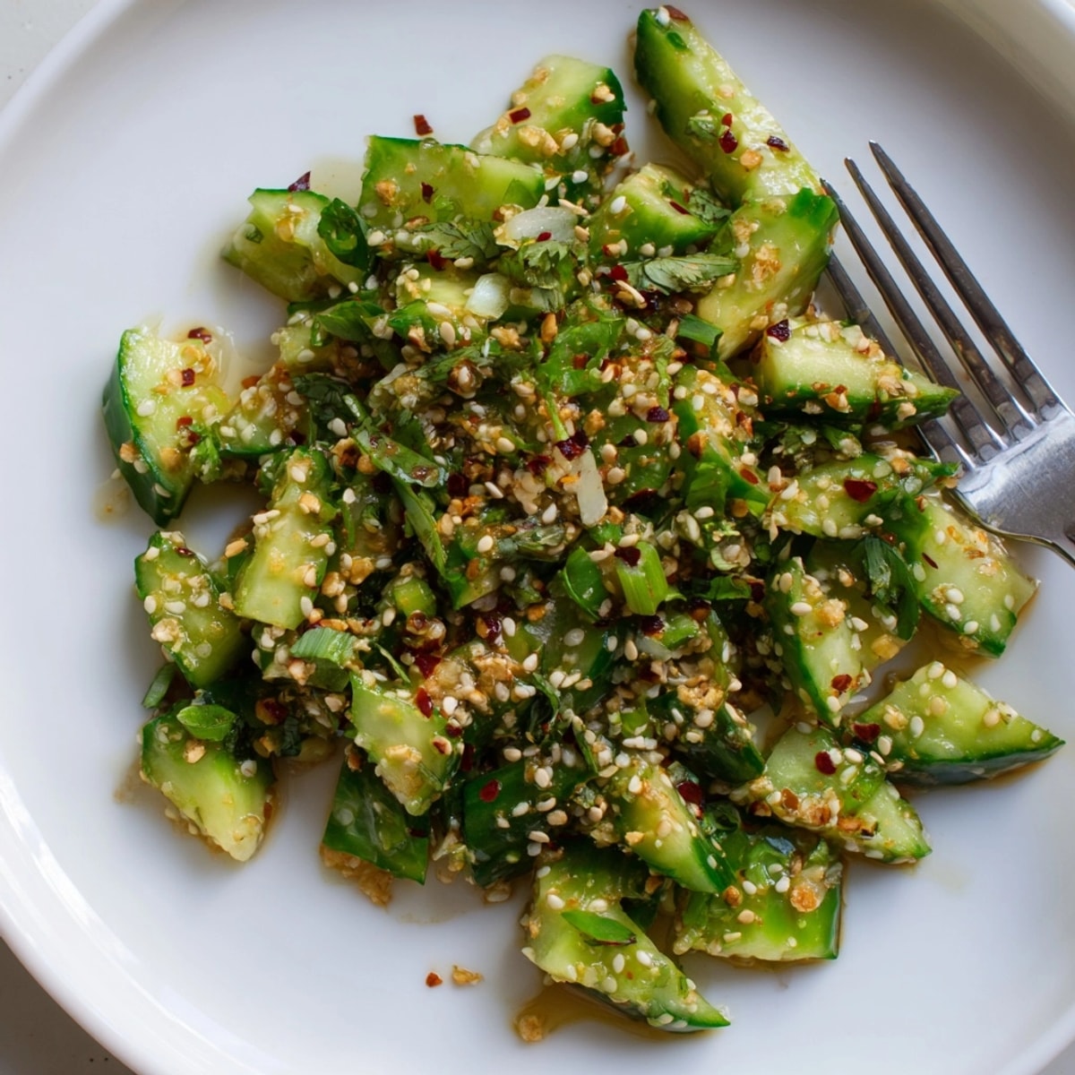 Freshly prepared Smashed Cucumber Salad: a simple vegan side dish tossed in Asian dressing.