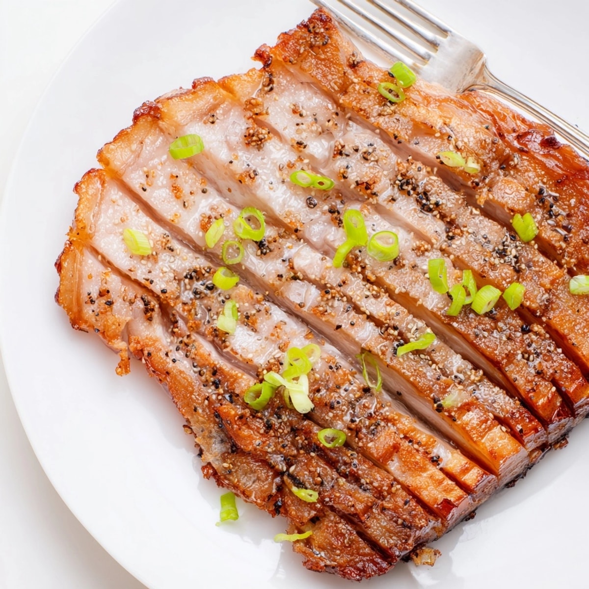 Golden brown Crispy Air Fryer Pork Belly, skin bubbling and glistening on a serving plate.