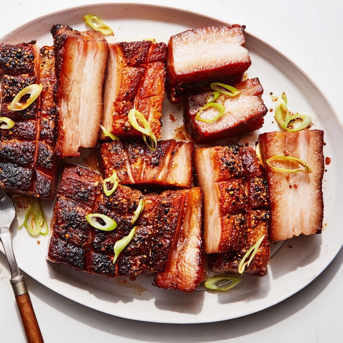 Close-up of freshly air-fried Crispy Pork Belly crackling, seasoned and ready to be sliced.