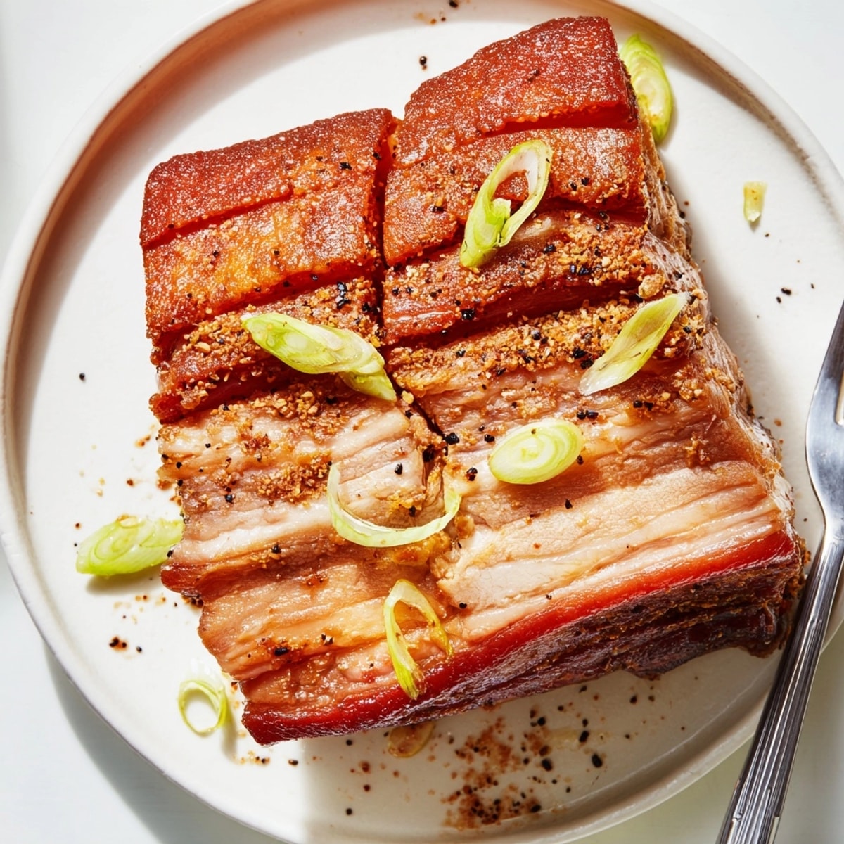 Savory, aromatic Crispy Air Fryer Pork Belly seasoned with five spice, perfect served with scallions.