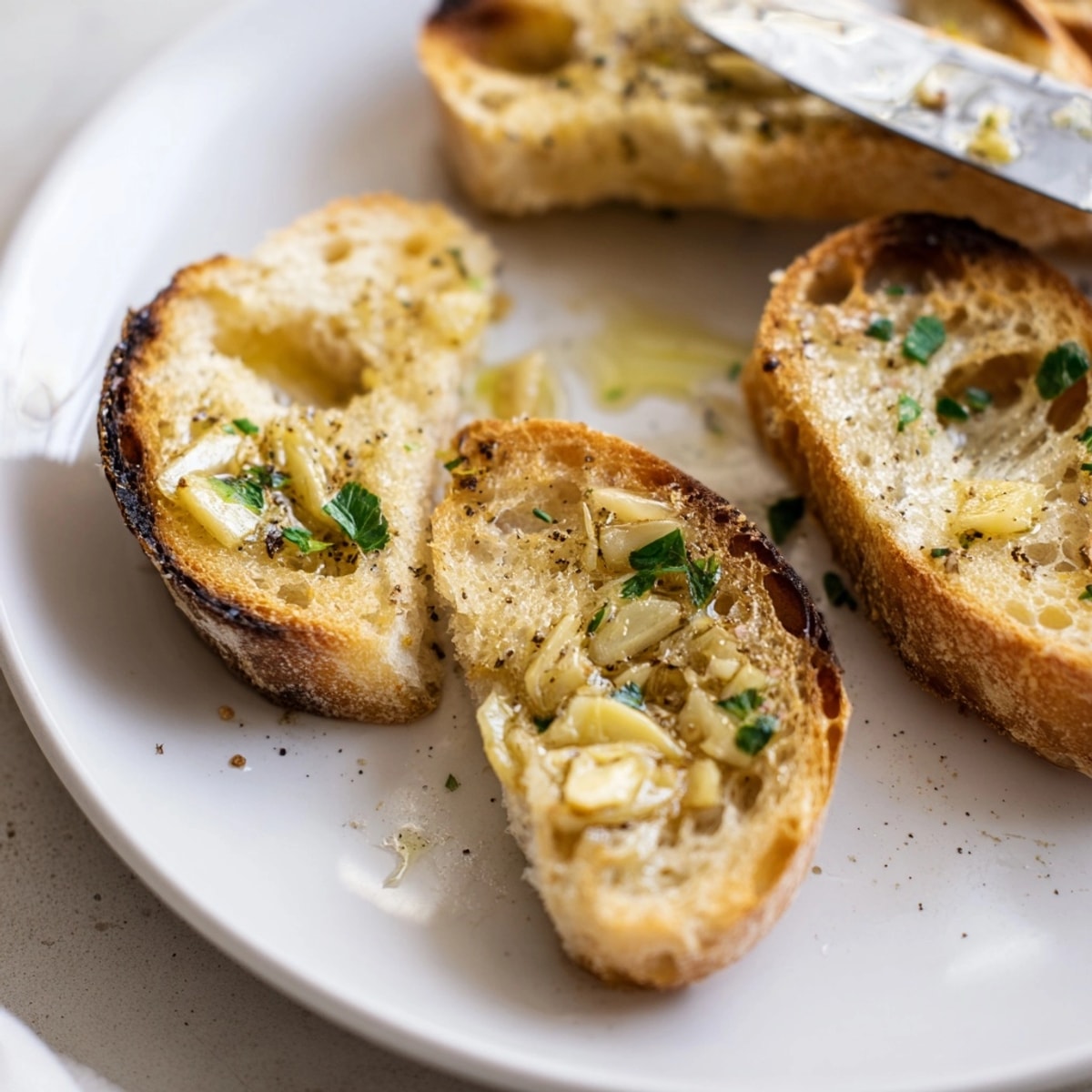 Close-up of crispy Garlic Confit Toast; velvety garlic melts on crusty sourdough, seasoned perfectly.