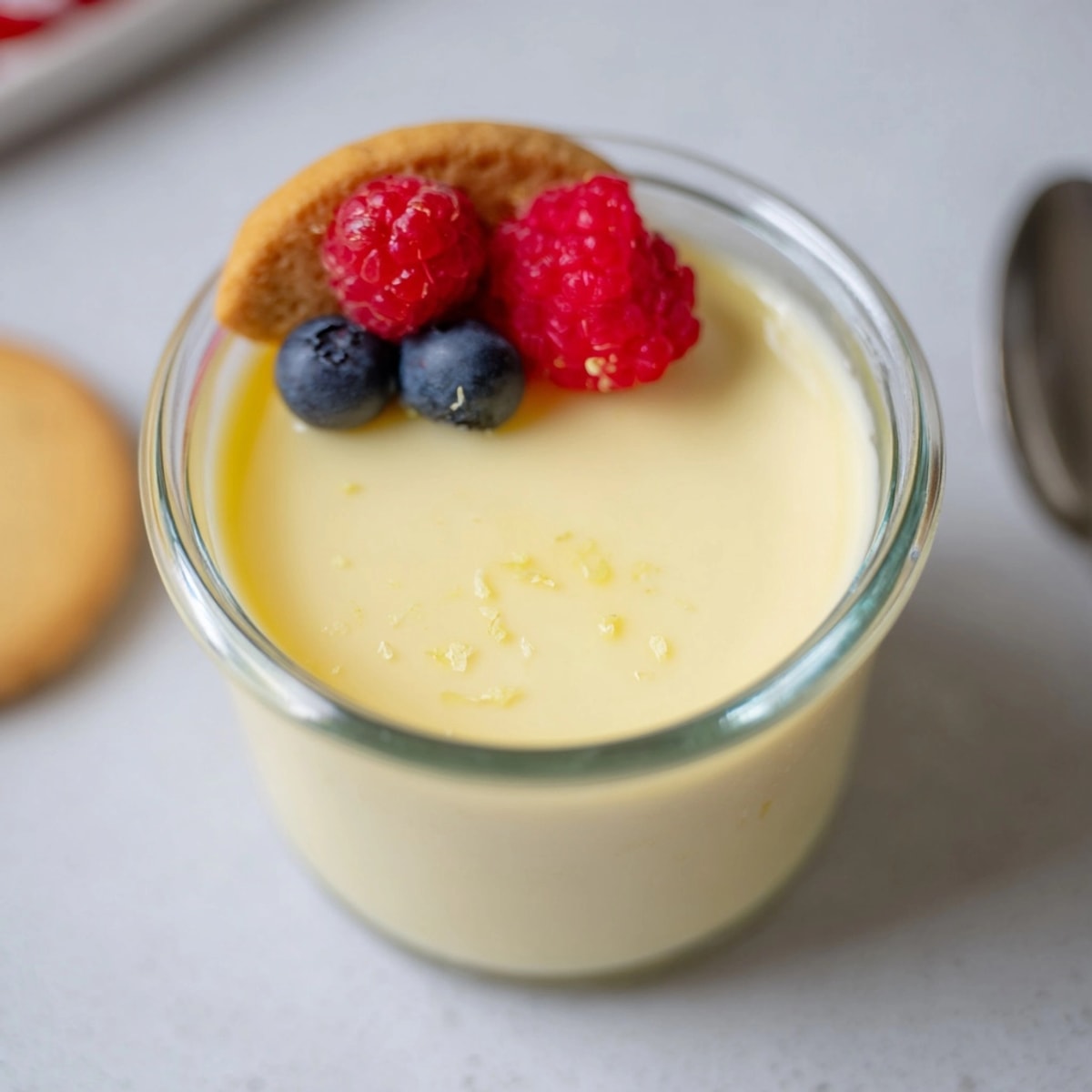 Creamy Lemon Posset dessert in glass ramekin, topped with fresh berries, chilled to perfection.