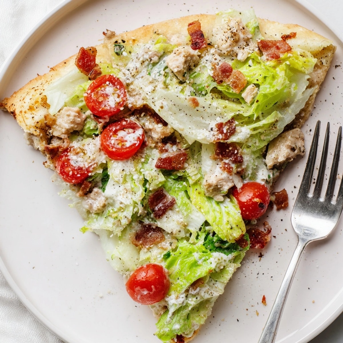 Golden Chicken Caesar Crust Pizza, topped with crisp romaine and creamy dressing.