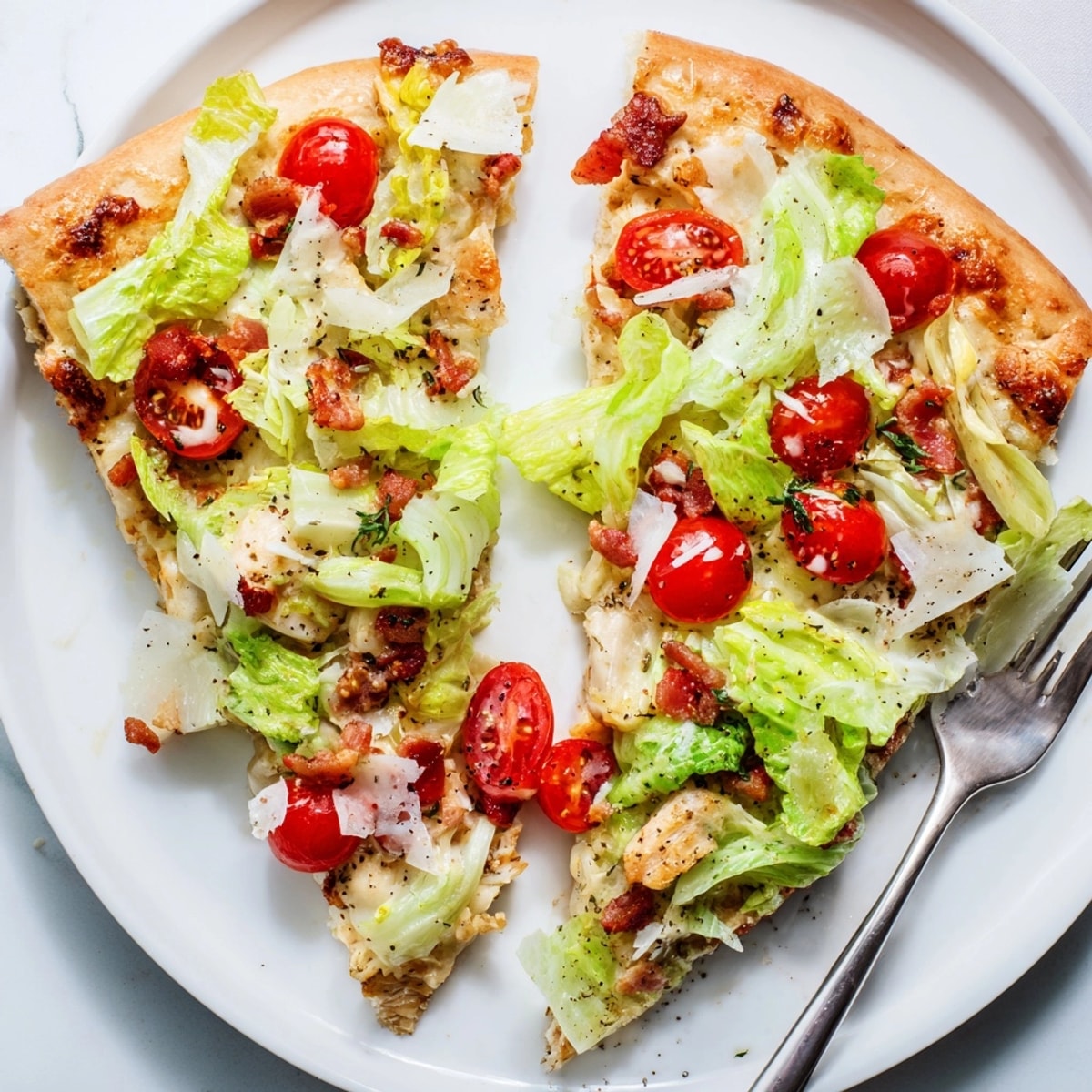 A low-carb Chicken Caesar Crust Pizza ready to be sliced and served.