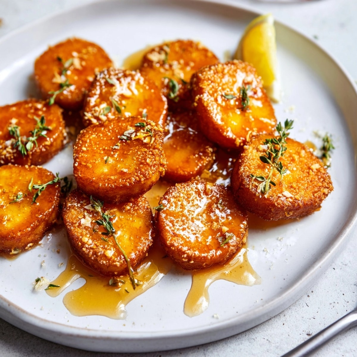 Golden-fried Hot Honey Halloumi appetizer drizzled generously, ready to enjoy with fresh herbs.