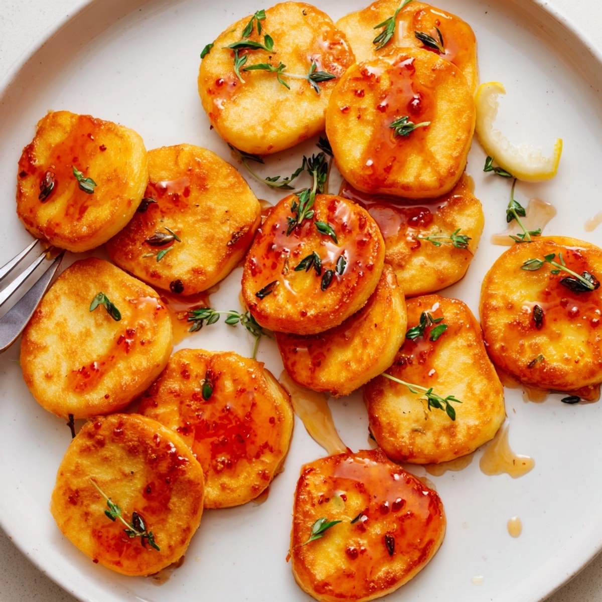 Close-up of crispy, golden Hot Honey Halloumi, a sweet and spicy vegetarian delight.