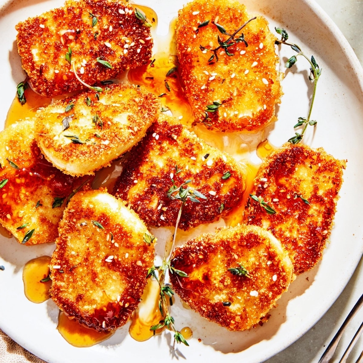 Warm, gooey slices of Hot Honey Halloumi, glistening with honey, perfect served immediately.