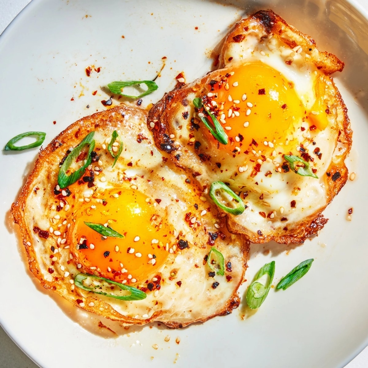 Golden-edged chili crisp fried eggs sizzling in fragrant oil, ready to top rice.