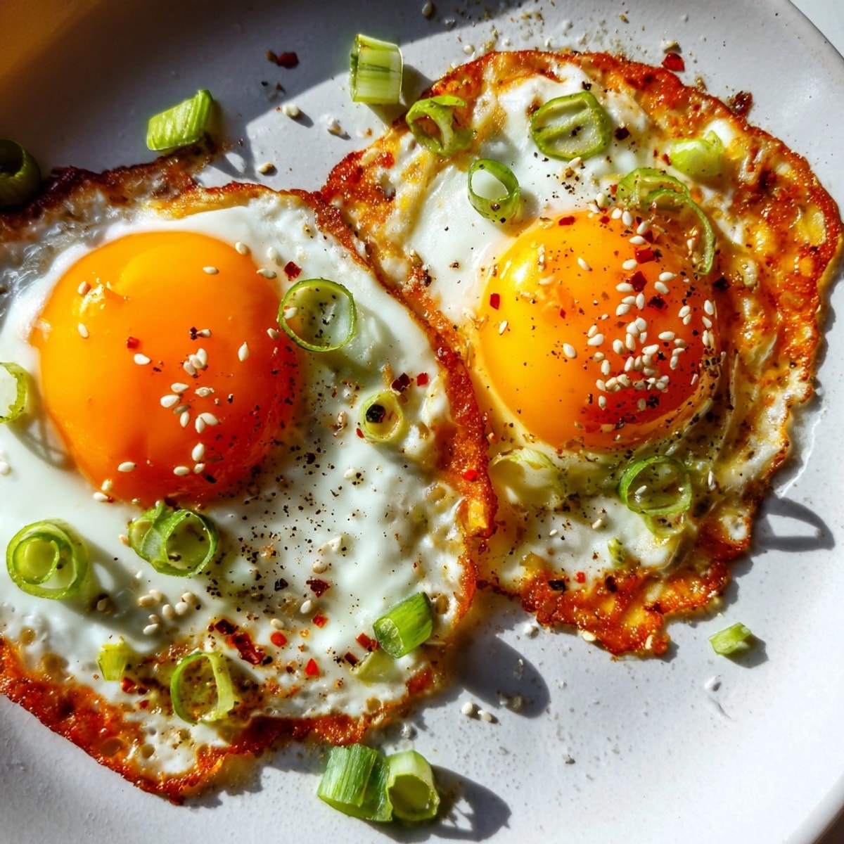 Overhead view showcasing glistening chili crisp fried eggs in a hot nonstick skillet.