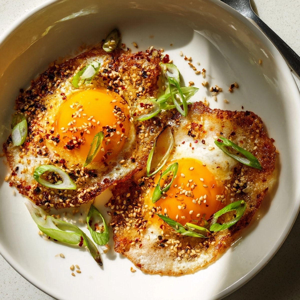 Savory chili crisp fried eggs: a fast, flavorful, spicy breakfast served with scallions.