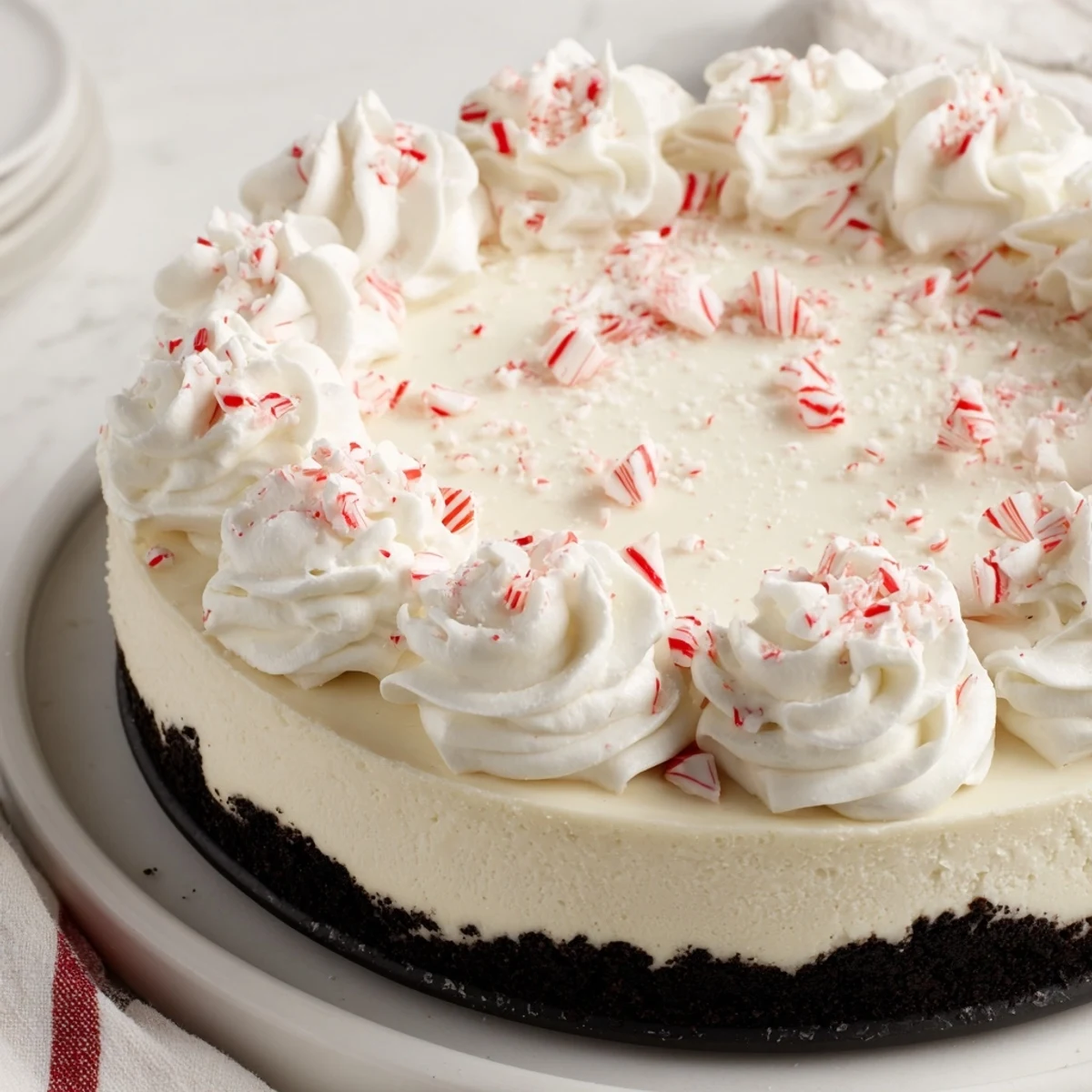 A slice of rich Peppermint Cheesecake with cool cream topping and sparkling candy canes.