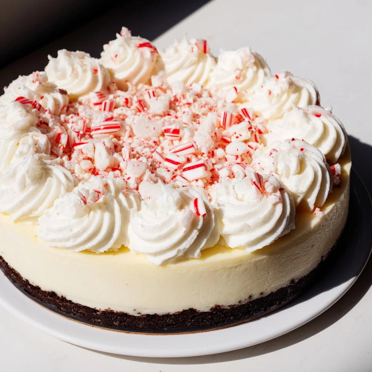 Close-up of a festive Peppermint Cheesecake, showing creamy filling and crushed candy topping.