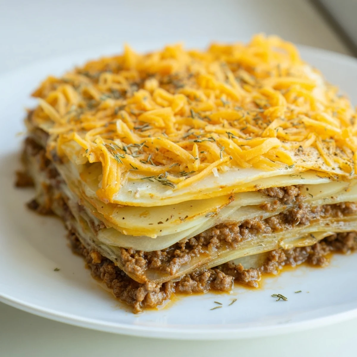 Beef and potato casserole bubbling in a baking dish, golden cheese topping a savory, layered dish.