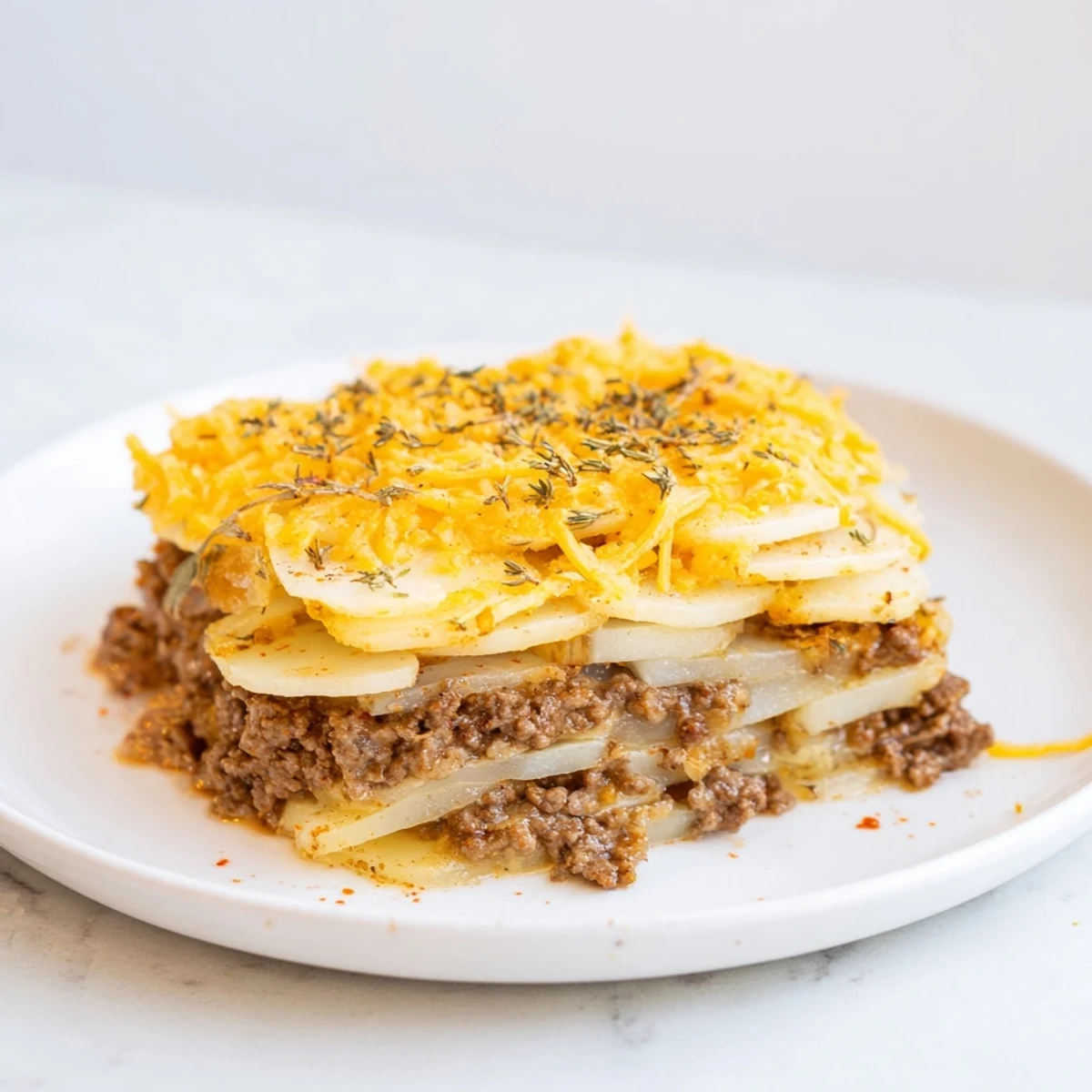 This hearty beef and potato casserole shows tender potatoes and browned beef, perfect for a cozy supper.