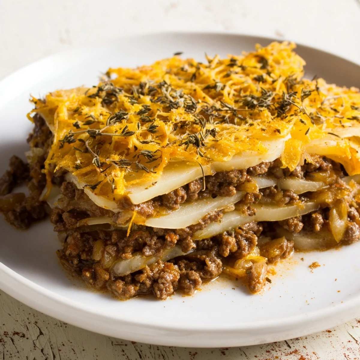 A close-up of a bubbling beef and potato casserole, showcasing the cheesy top and flavorful ingredients.