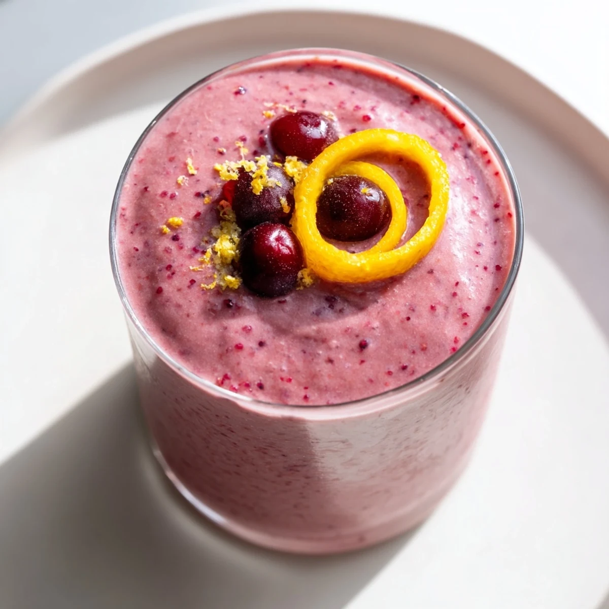 This delicious cranberry orange smoothie, blended smooth, ready to drink, with hints of ginger and orange zest.
