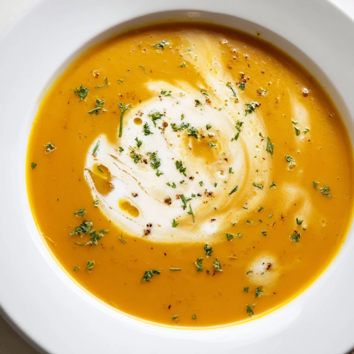 A steaming bowl of comforting, velvety roasted root vegetable soup with fresh parsley garnish.