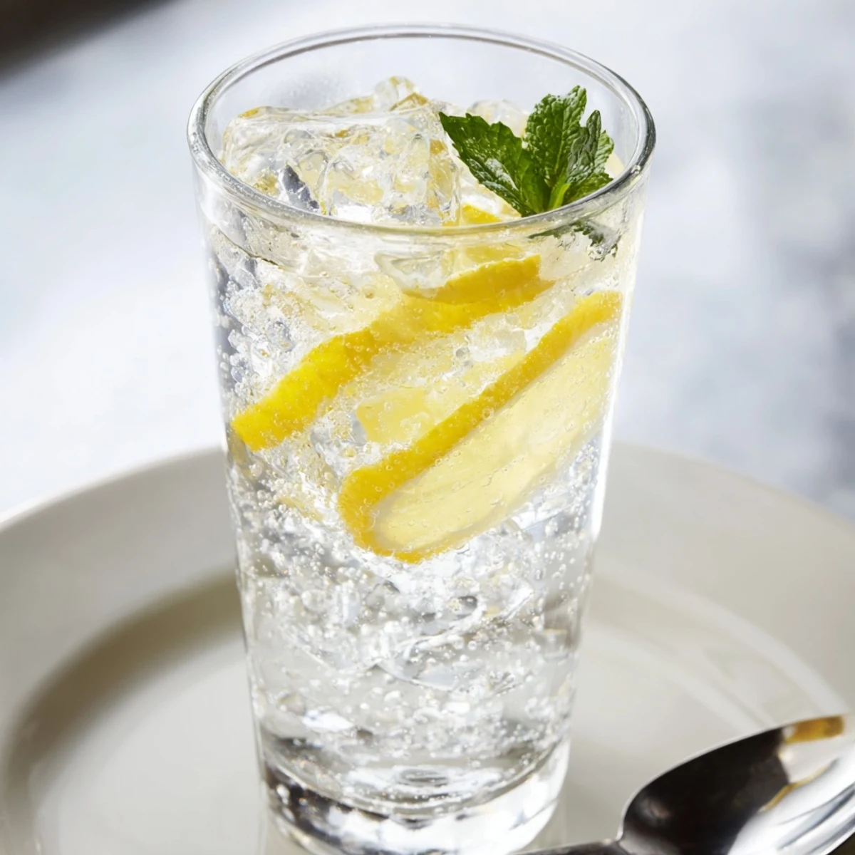 A close-up of a refreshing, bubbly Lemon Squeeze, ice clinking in the glass on a sunny day.