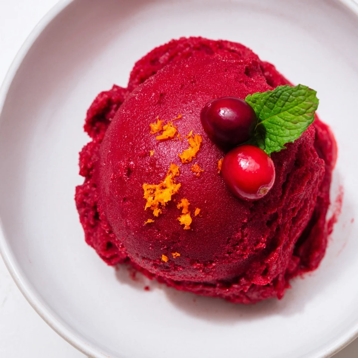 Vivid image of refreshing cranberry sorbet, a vibrant dessert perfect for a hot day.