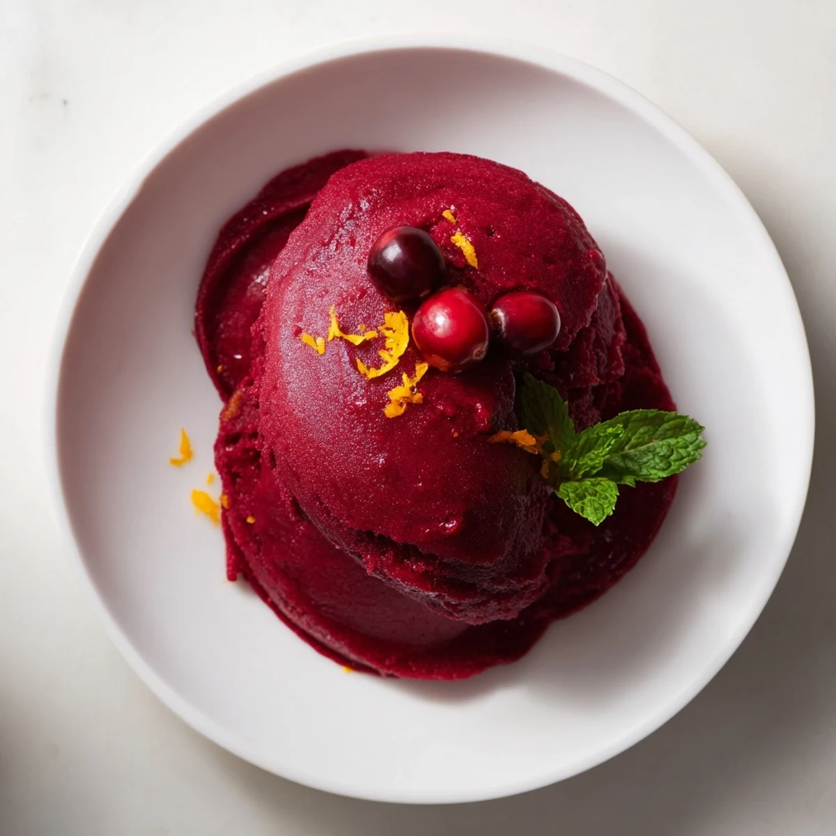 Chilled bowl of smooth cranberry sorbet, a vegan treat with a balance of sweet and tart flavors.