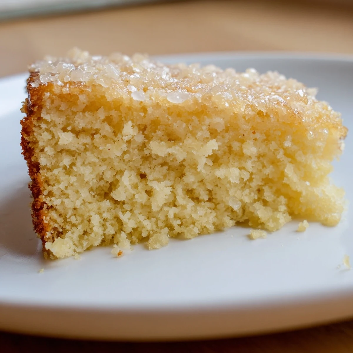 A warm slice of the baked treat vanilla cake with a golden crust, ready to enjoy.