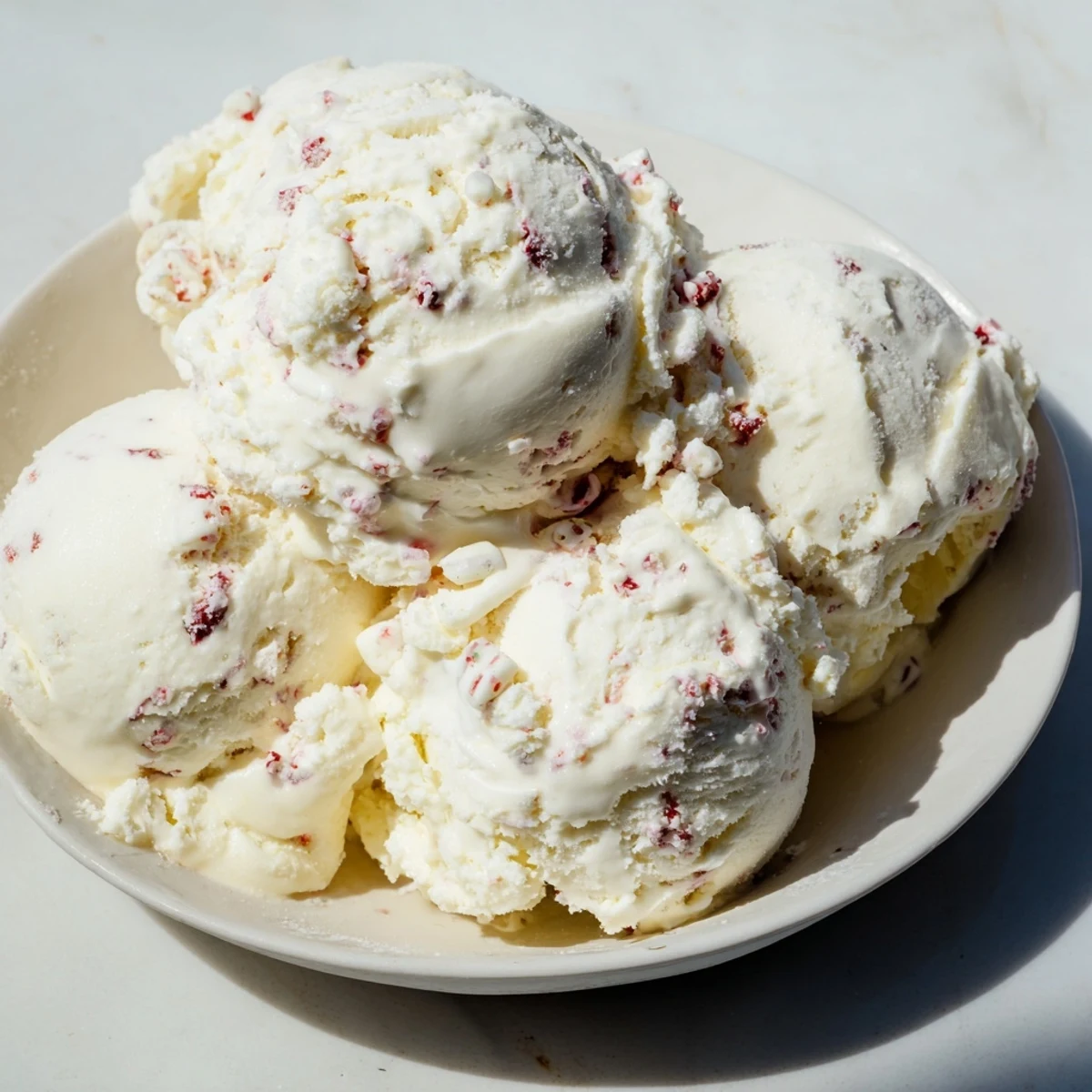 Cool and creamy, homemade Peppermint Ice Cream with a festive peppermint candy topping.