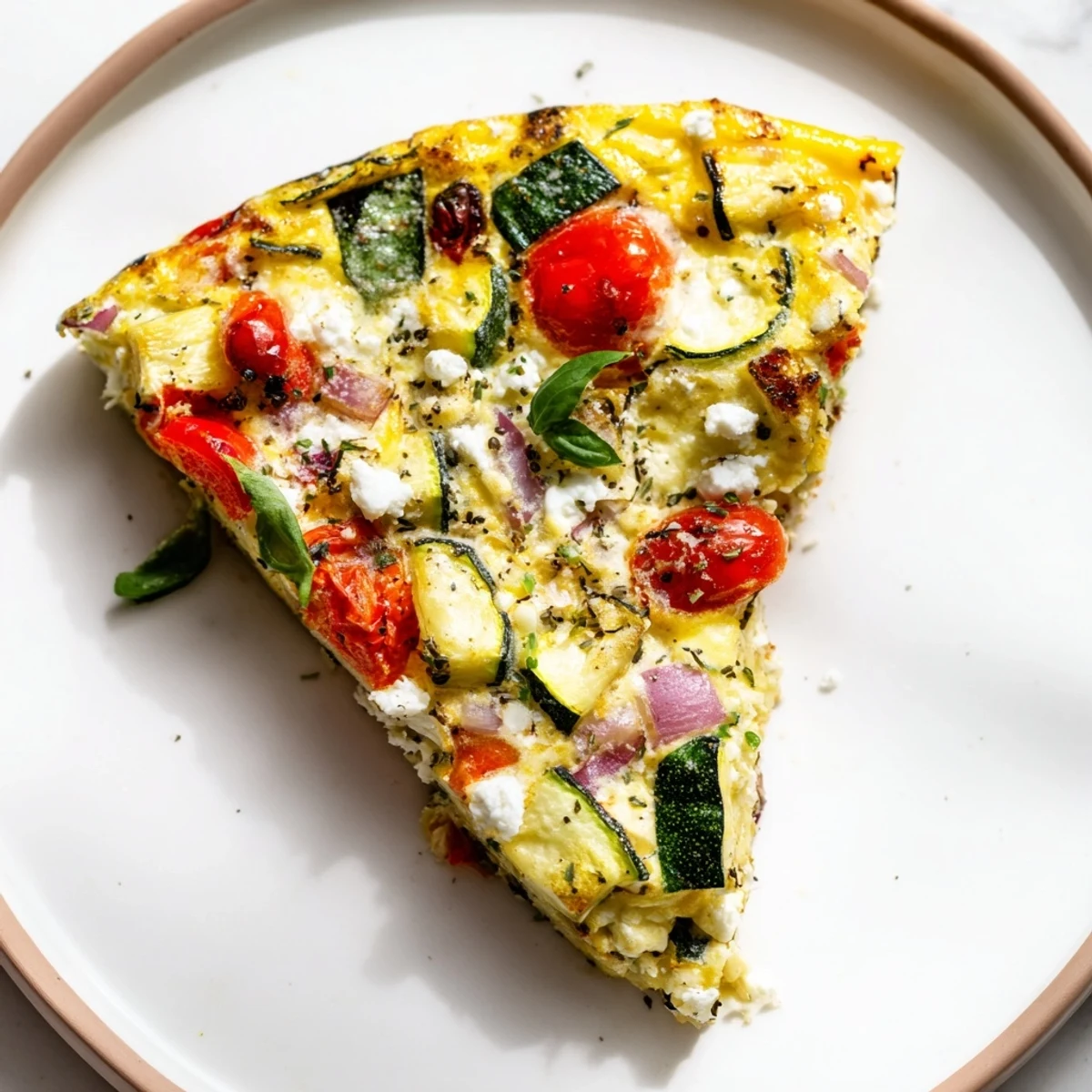 Golden-brown roasted vegetable frittata, showcasing tender caramelized vegetables and creamy eggs.