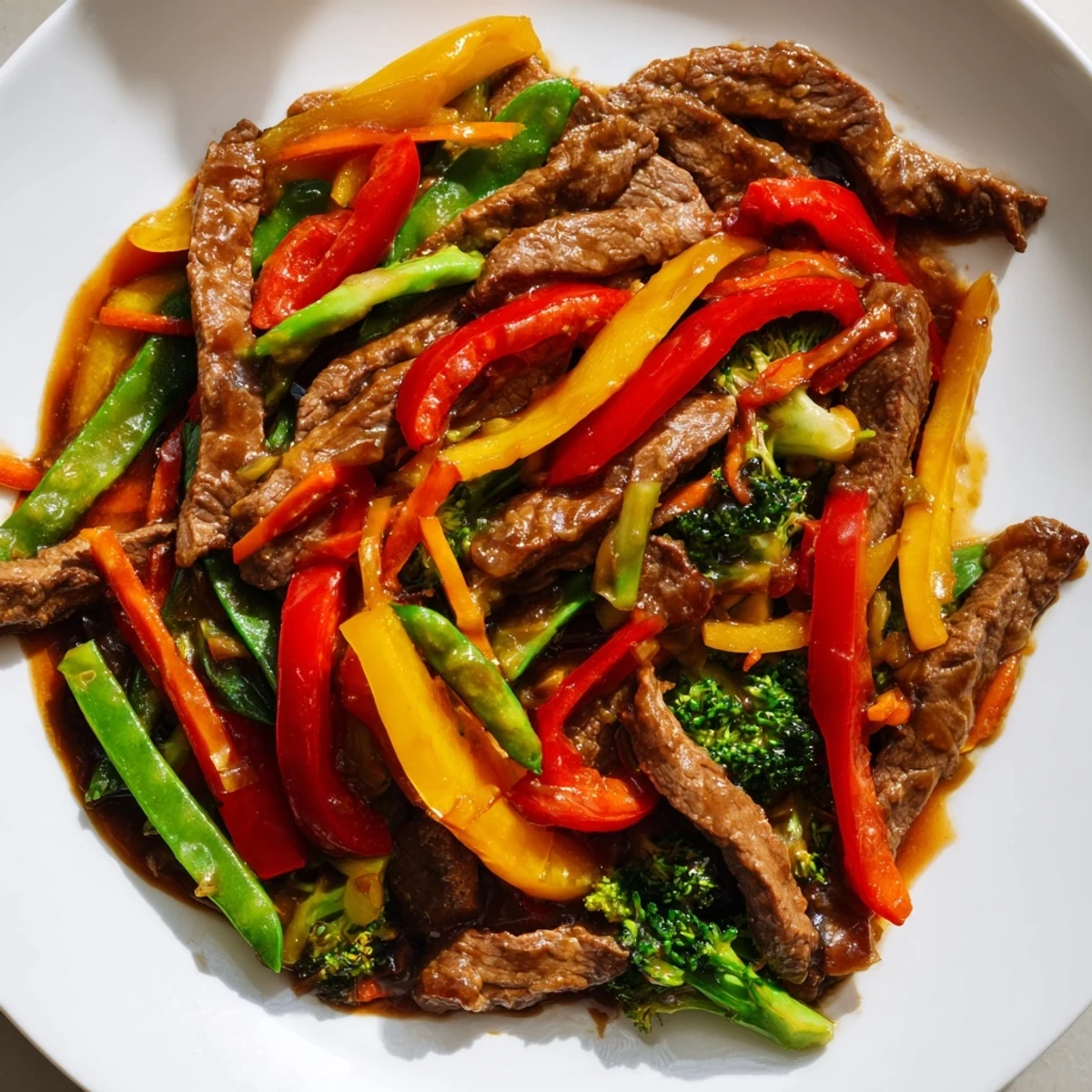Sizzling Beef and Vegetable Stir Fry with tender beef, colorful veggies, and a glossy sauce.