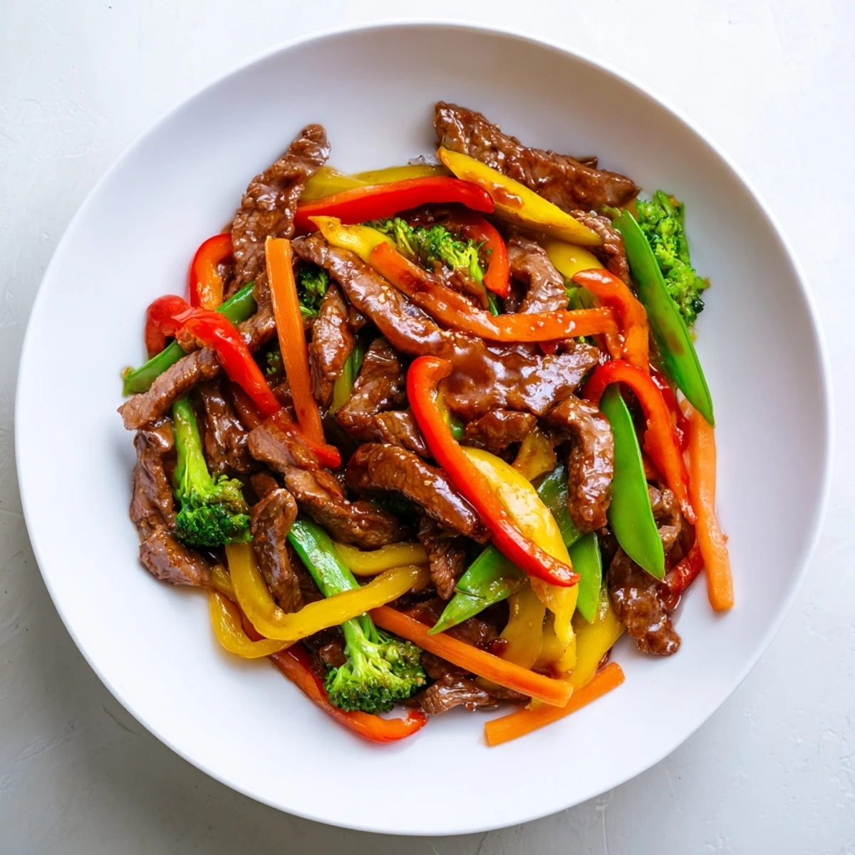 A steaming bowl of Beef and Vegetable Stir Fry showcasing glistening ingredients in a savory sauce.
