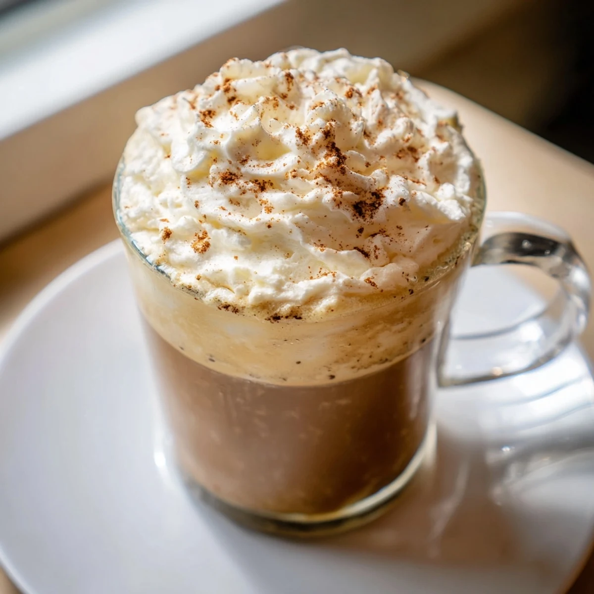 Steaming Gingerbread Latte topped with whipped cream, ideal for a cold morning or holiday cheer.