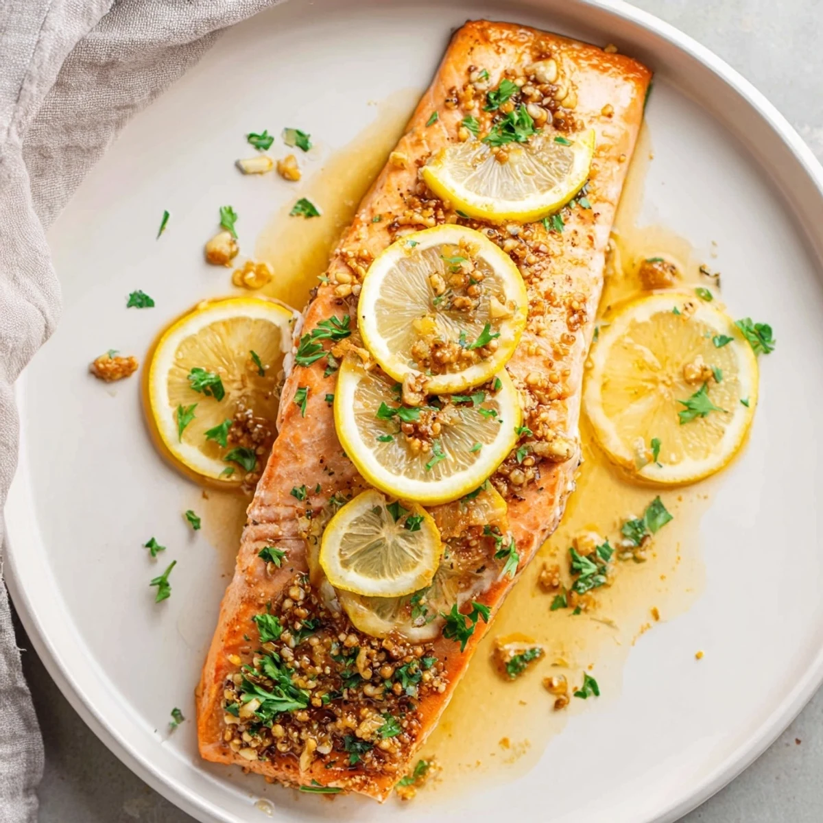 Golden Baked Lemon Garlic Salmon, flaky and tender, ready to serve with lemon slices on top.