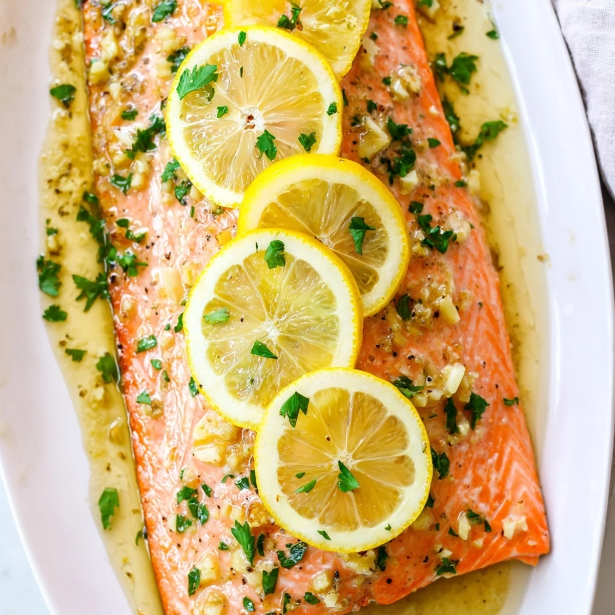 Perfectly cooked Baked Lemon Garlic Salmon, glistening with a vibrant lemon and garlic glaze.
