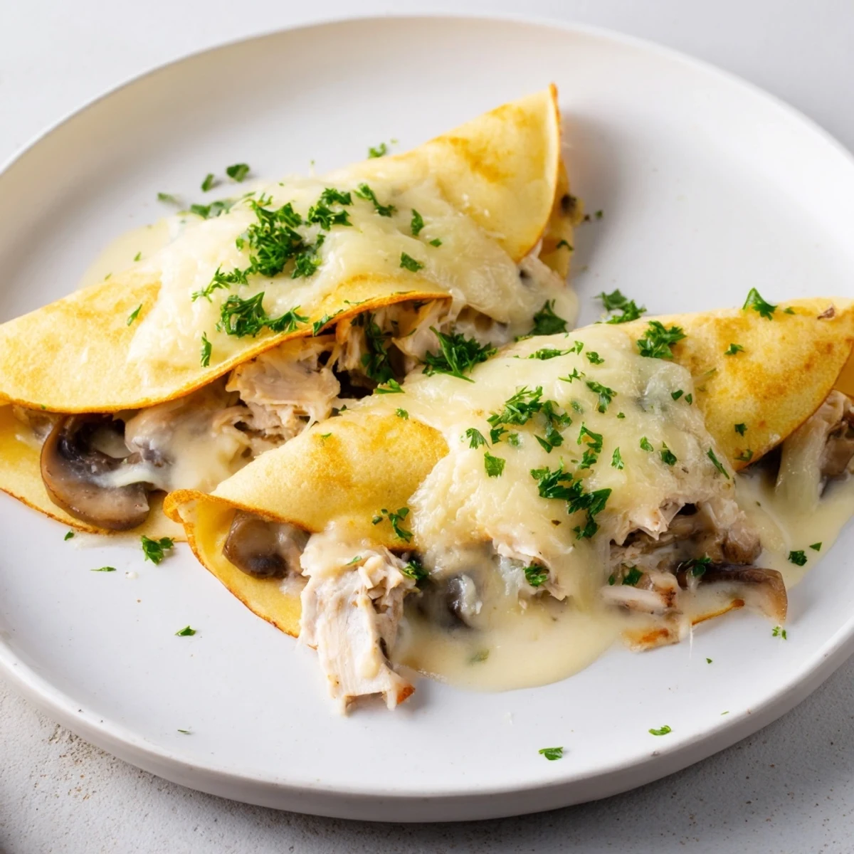 Golden savory chicken crêpes, filled with creamy mushrooms, offer a comforting French-inspired dinner.