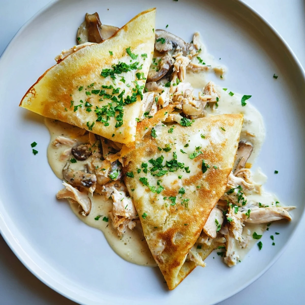 Steaming hot savory chicken crêpes, baked with gooey cheese, ready to be enjoyed as a main dish.