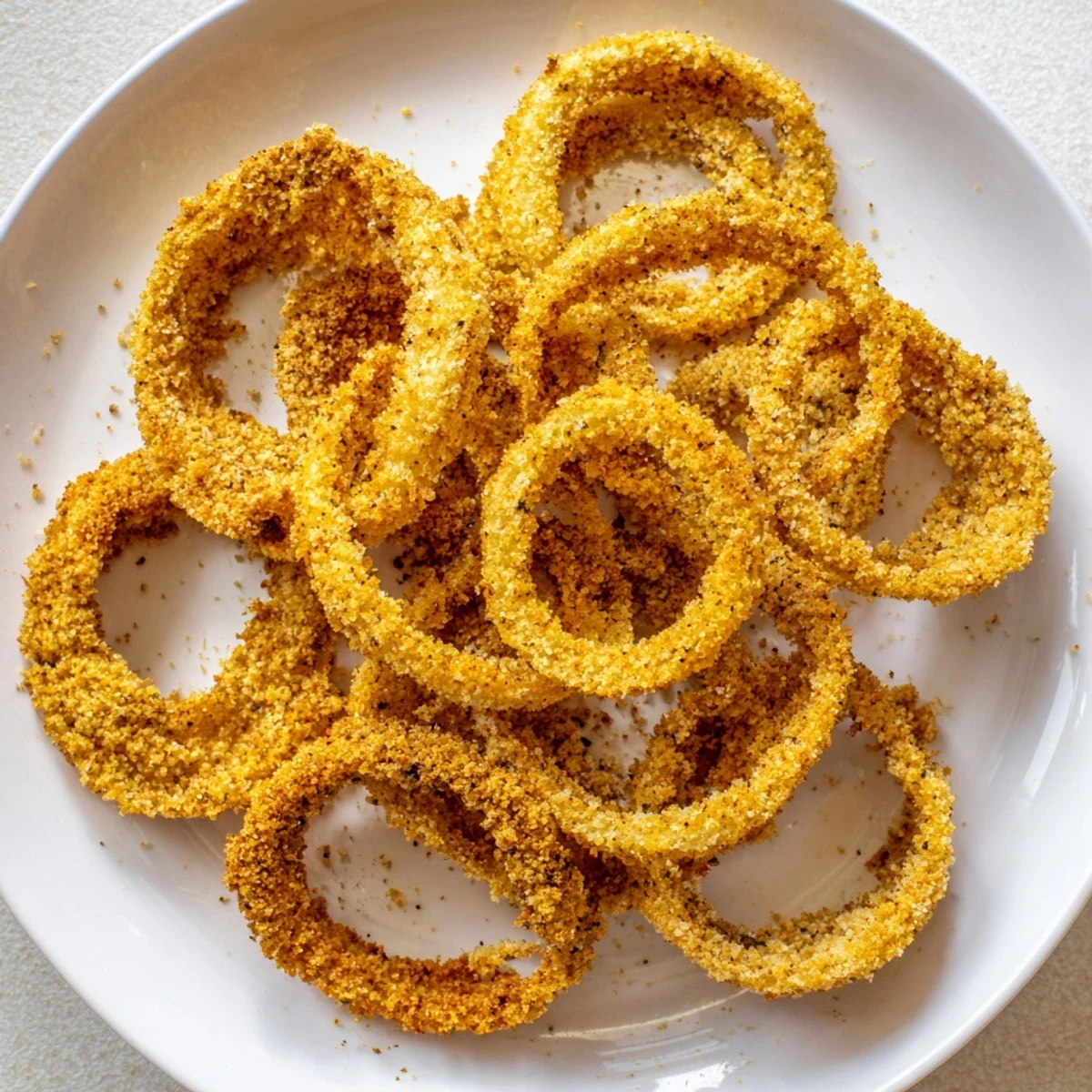 Golden, crispy baked onion rings piled high, ready to be dipped and enjoyed as a snack.