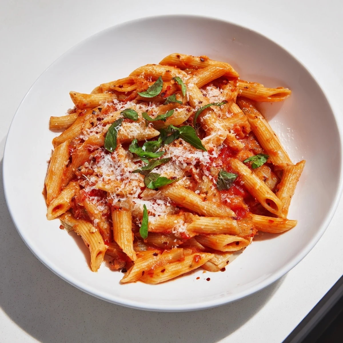 A glistening bowl of creamy tomato pasta, garnished with fresh basil and Parmesan cheese.