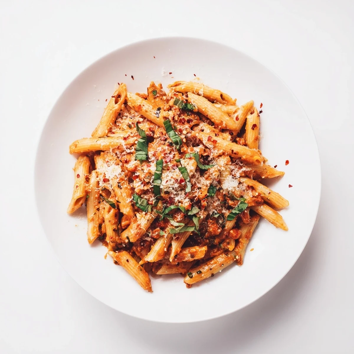 Warm, inviting photo of creamy tomato pasta, a vegetarian Italian comfort food staple.