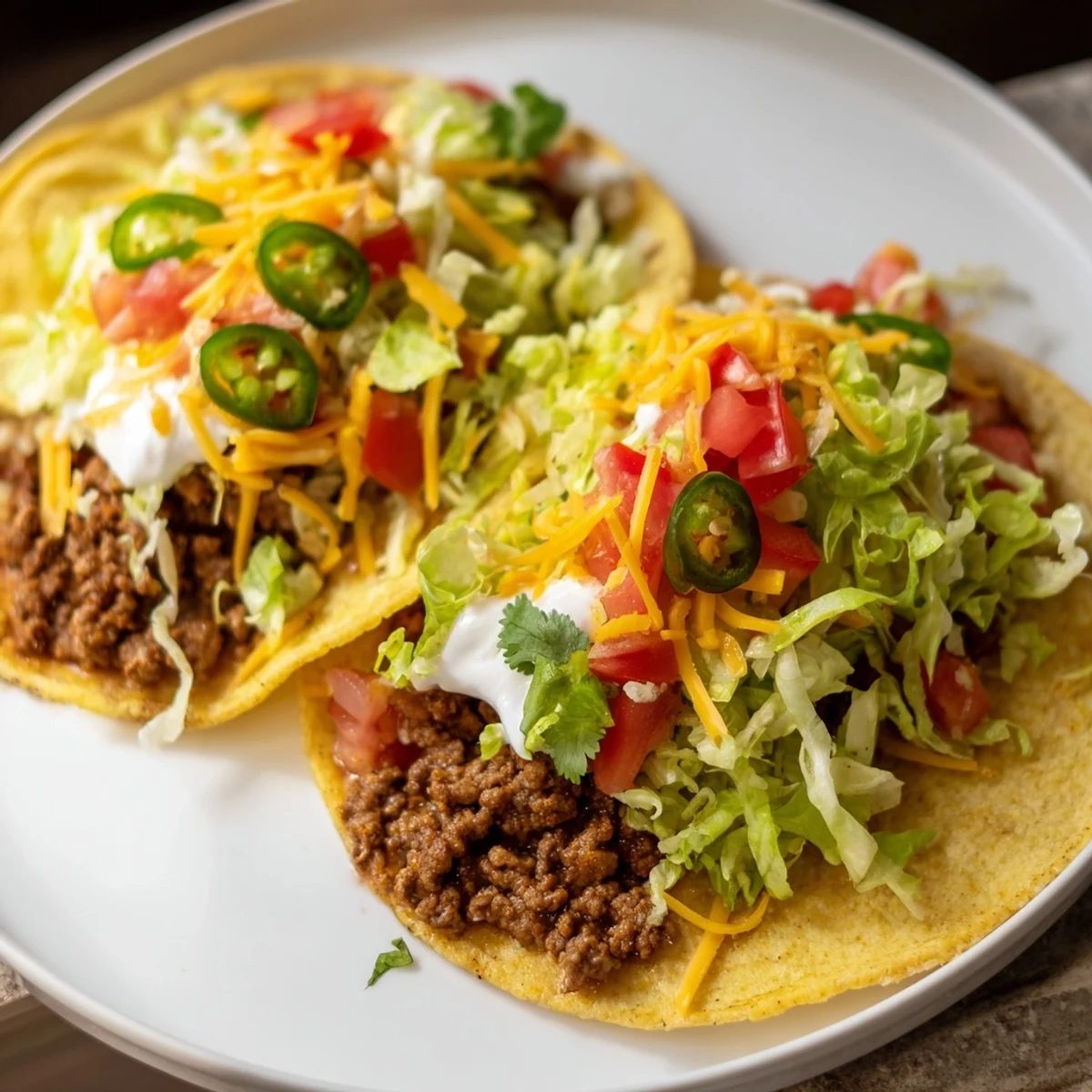Close-up of delicious Spicy Beef Tacos, showcasing the juicy beef filling with colorful, fresh vegetable garnishes.