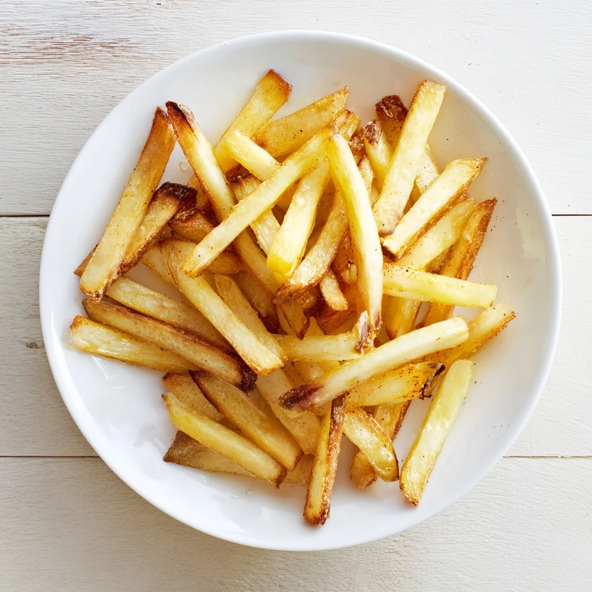 These oven-baked French fries look perfectly golden-brown and tempting with a sprinkle of seasoning.
